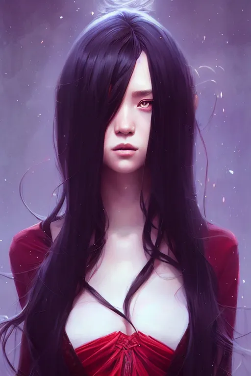 Image similar to a beautiful girl with long black hair and red eyes, fantasy, sharp focus, intricate, elegant, digital painting, artstation, matte, highly detailed, ambient lighting, portrait by Studio Ghibli, Rossdraws, artgerm, Ilya Kuvshinov, and Greg Rutkowski