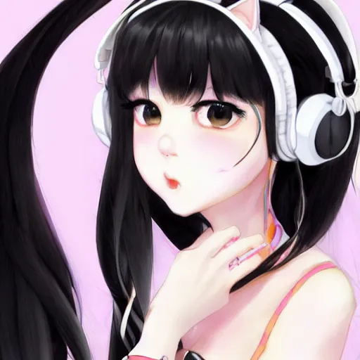 Image similar to realistic beautiful gorgeous buxom natural cute blushed shy girl Blackpink Lalisa Manoban black hair cute fur black cat ears, wearing white camisole, headphones, black leather choker artwork drawn full HD 4K highest quality in artstyle by professional artists WLOP, Taejune Kim, Guweiz, Aztodio on Pixiv Instagram Artstation