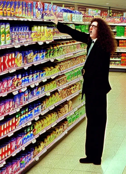 Image similar to weird al yankovic in a grocery store circa 1 9 9 7, ultra realistic