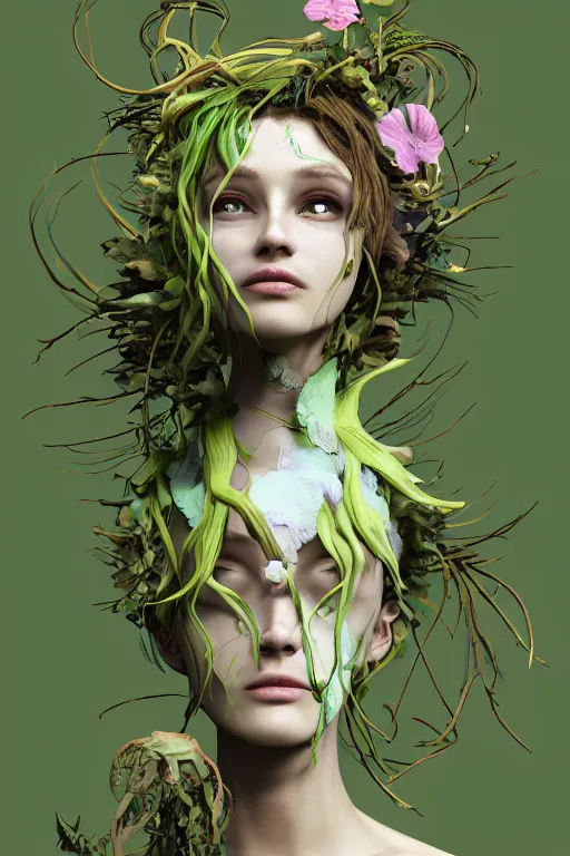 Image similar to nonbinary model, subject made of cracking brown clay, vine headdress, moss patches, 2 0 mm, with pastel yellow and green oddish bursting out, melting into lilligant, delicate, beautiful, intricate, houdini sidefx, by jeremy mann and ilya kuvshinov, jamie hewlett and ayami kojima, bold 3 d