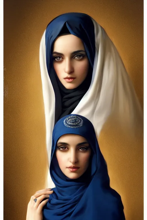 Prompt: modern arab Ameera al-Taweel, bright blue eyes, wavy black hair, white veil, closeup, focus face, elegant, highly detailed, centered, oil painting, artstation, concept art by tom bagshaw