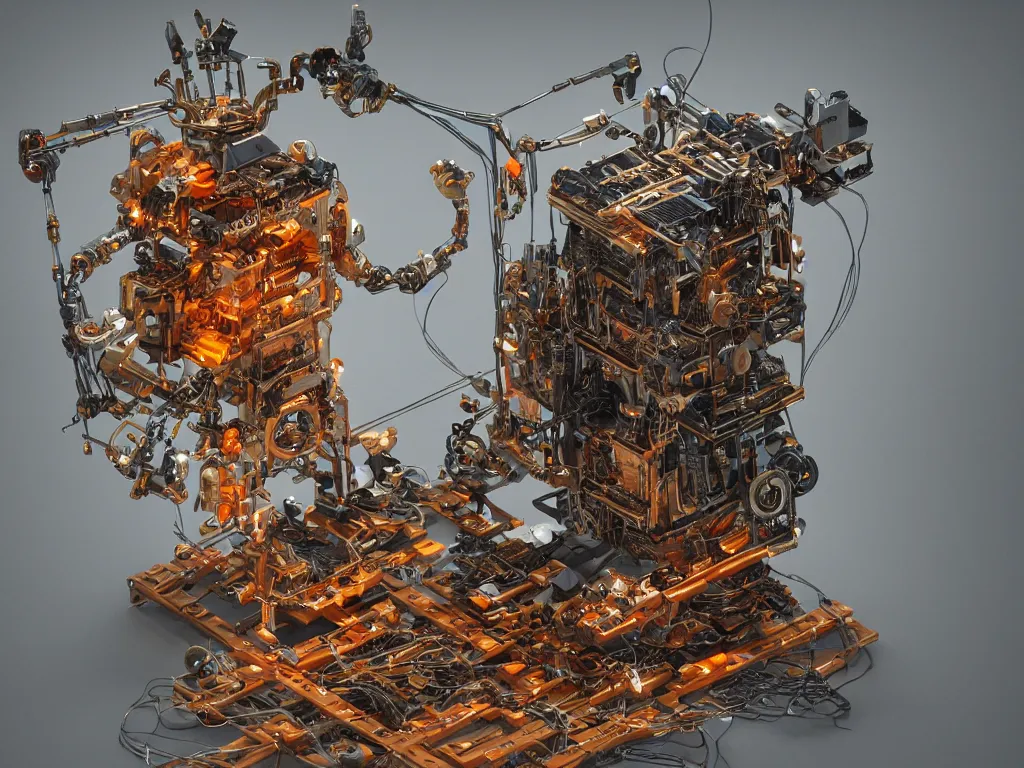 Prompt: a baroque machine, robot god constructed out of modular synthesizer components sits upon a throne cables, wires and discarded components in vast hall, macro photography, long exposure photograph, surrealism, anamorphic bokeh, warm, soft light, orange and teal, caustic, atmospheric fog, octane render, cinematic