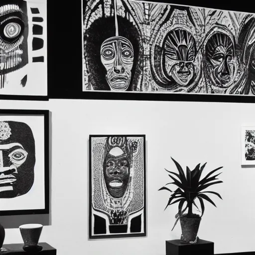 Prompt: A black and white photography of an exhibition space with works of Sun Ra, Marcel Duchamp and tropical plants, 60s, offset lithography print