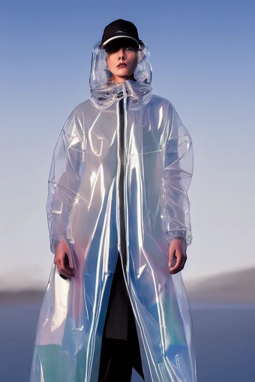 Image similar to an ultra high definition professional high fashion portrait studio full length photograph of a model wearing a transparent pearlescent raincoat and neon visor in an icelandic black rock environment at dawn. no artefacts. extremely detailed. stark. refraction. shallow depth of field. volumetric light and shadow. ray tracing. light rays.