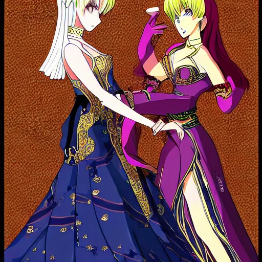 Prompt: a scene of two beautiful queens fighting over the throne, detailed anime art