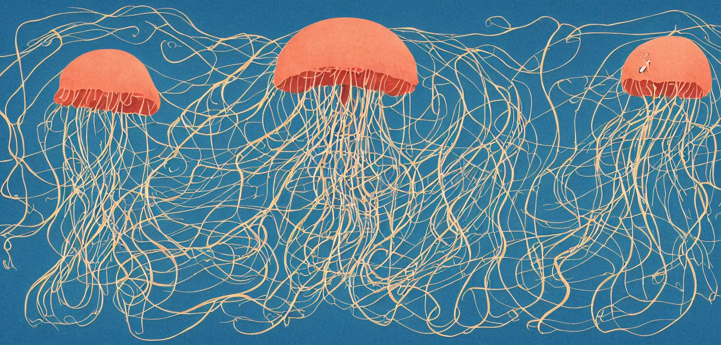 Image similar to cartoon storybook illustration of A floating island of jellyfish tangled together into nets by jellyfish cannons