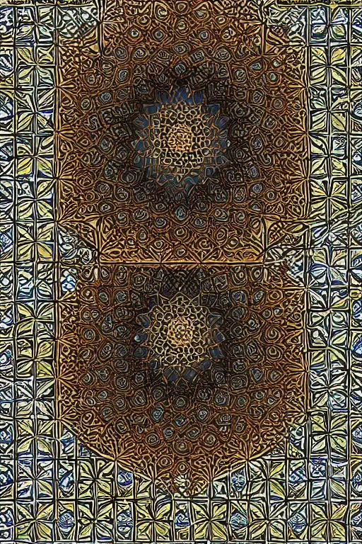 Prompt: islamic symmetric geometric fractals, muslim, ultra realistic, fibonacci, trending on artstation, sharp edges, by michael angelo
