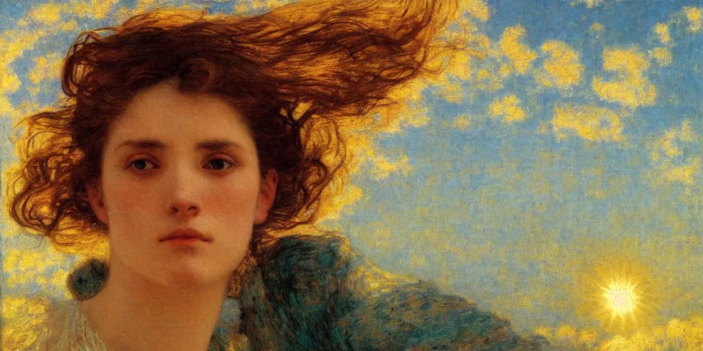 Prompt: portrait of a beautiful woman, big clouds, sunlight, golden hour, warm azure tones, heavy lensflare, color bleed, film grain, jules bastien - lepage, rudolph belarski, johfra bosschart, alexandre cabanel