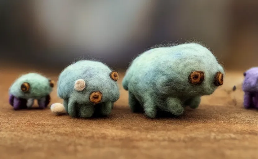 Prompt: tardigrade mini cafe tardigrade diorama with tardigrades macro photography, needle felted tardigrades, ambient, atmospheric photograph, string lights, romantic tardigrades