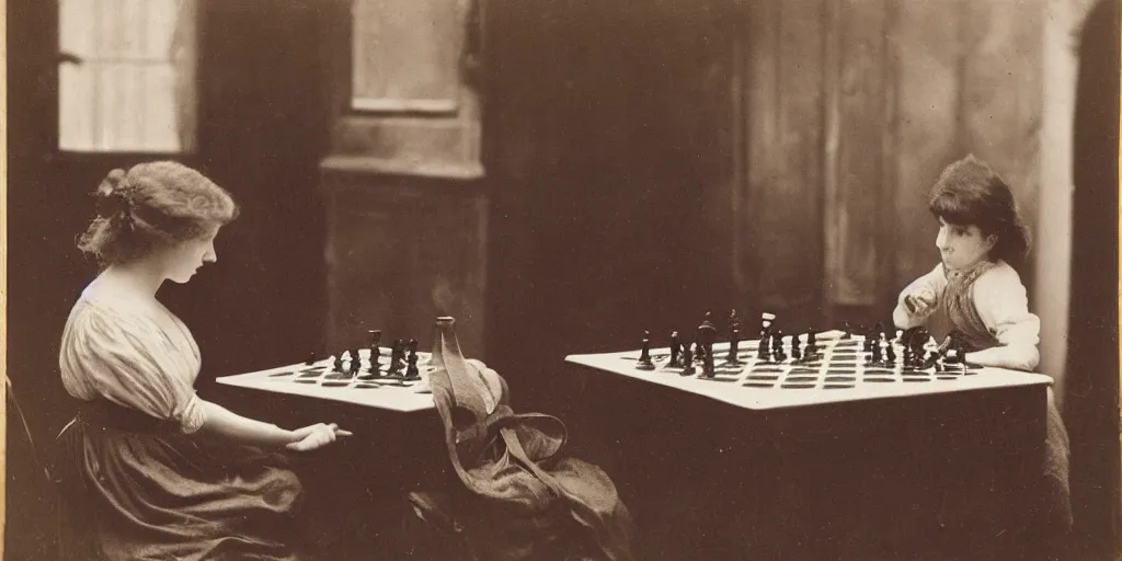 Image similar to a young edwardian woman playing chess against a rabbit