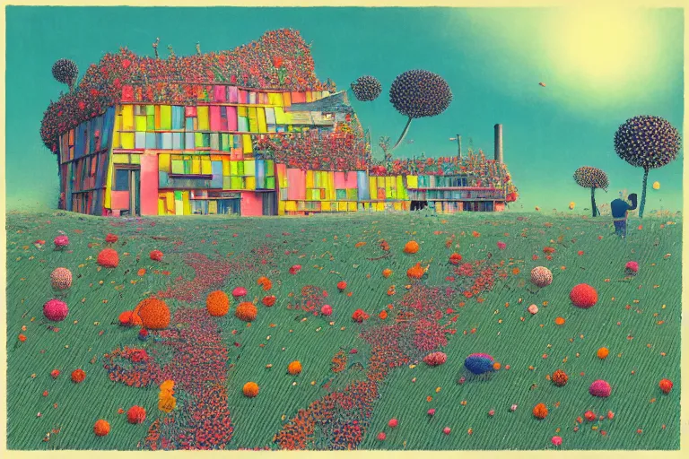 Image similar to surreal glimpse into other universe, house by kengo kuma, summer morning, very coherent and colorful high contrast, art by!!!! gediminas pranckevicius!!!!, geof darrow, floralpunk screen printing woodblock, dark shadows, hard lighting, stipple brush technique,