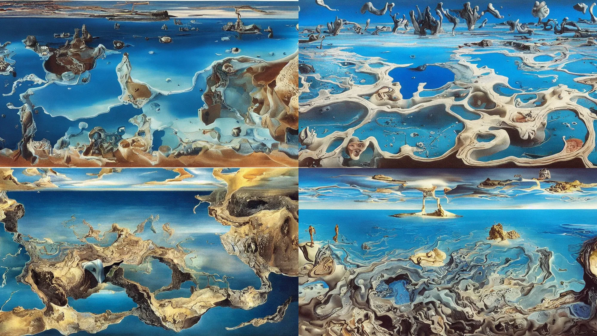 Prompt: clear blue ocean waters splitting apart to reveal ocean floor, dreamlike surrealism, dream recording, 4 k, award - winning, painting by salvador dali