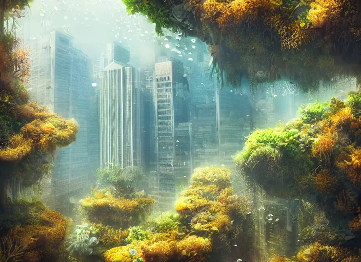 Image similar to overgrown foliage overtaking tall buildings, underwater environment, storefronts, coral, scenery, professional, award - winning, trending on artstation, detailed, realistic, beautiful, emotional, shiny, golden, picture