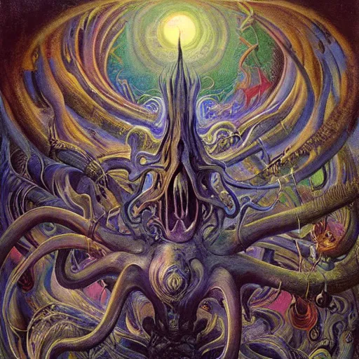 Prompt: lurid eldritch radiating town fractal shimmering phantasm, by h. r. giger and esao andrews and maria sibylla merian eugene delacroix, donato giancola, edvard munch john berkey, gustave dore, thomas moran, hieronymus bosch, hp lovecraft, pop art, synthwave, cubist