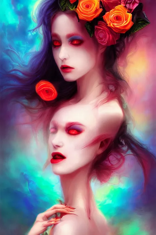 Image similar to portrait of a vampire , fantasy, gradient violet red cyan, dreamy and ethereal, orange eyes, black sclera, golden ratio, peaceful expression, ornate frilly dress, fantasy, intricate, elegant, rainbow spikes, red roses, highly detailed, digital painting, artstation, concept art, smooth,b sharp focus, illustration, art by artgerm and greg rutkowski and alphonse mucha