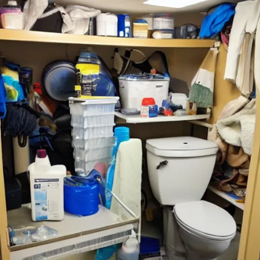 Image similar to a very cluttered janitors closet full of cleaning supplies with a toilet in the corner, unorganized, darkly lit, highly detailed