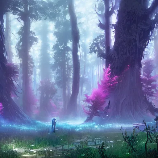 Image similar to concept art painting of a mystical alien fantasy forest, with fog and strange colorful plants, realistic, detailed, cel shaded, magenta and blue and green, in the style of makoto shinkai and greg rutkowski and james gurney