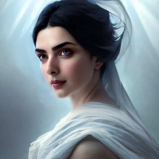 Prompt: a Photorealistic dramatic hyperrealistic, blue eyes, ameera al taweel, black hair, white veil,focus face, closeup by WLOP,Artgerm,Greg Rutkowski,Alphonse Mucha, Beautiful dynamic dramatic dark moody lighting,shadows,Artstation,concept design art,Octane render,8K