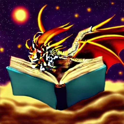 Image similar to dragon reading a book underneath the stars, digital art