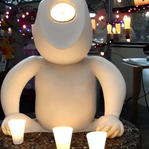 Prompt: a white marble statue of the reddit alien mascot surrounded by lit candles