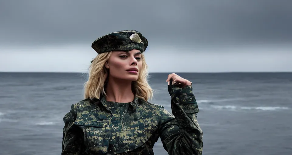 Image similar to cinematic shot of margot robbie in military gear walking out of the ocean, cinematic diffuse lighting, cloudy weather