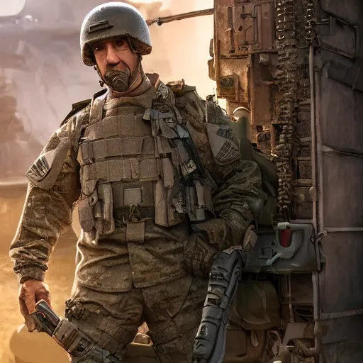 Image similar to mr. rodgers in military gear looking tough, movie poster, intricate, hyper detailed, accent lighting, dramatic light, 4 k octane render