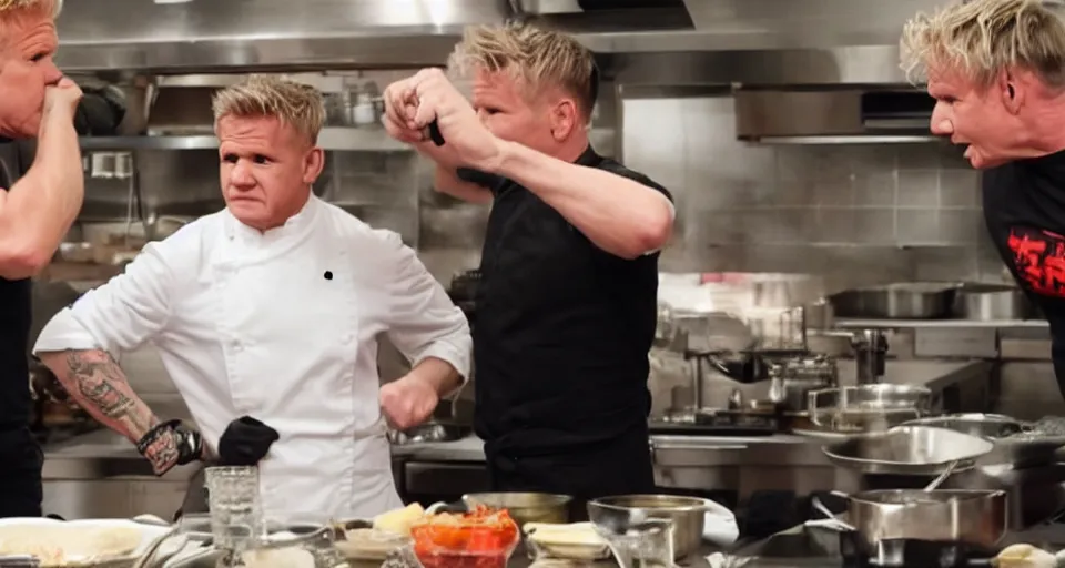 Image similar to photo of angry furious Gordon Ramsay punching Gordon Ramsay at the kitchen