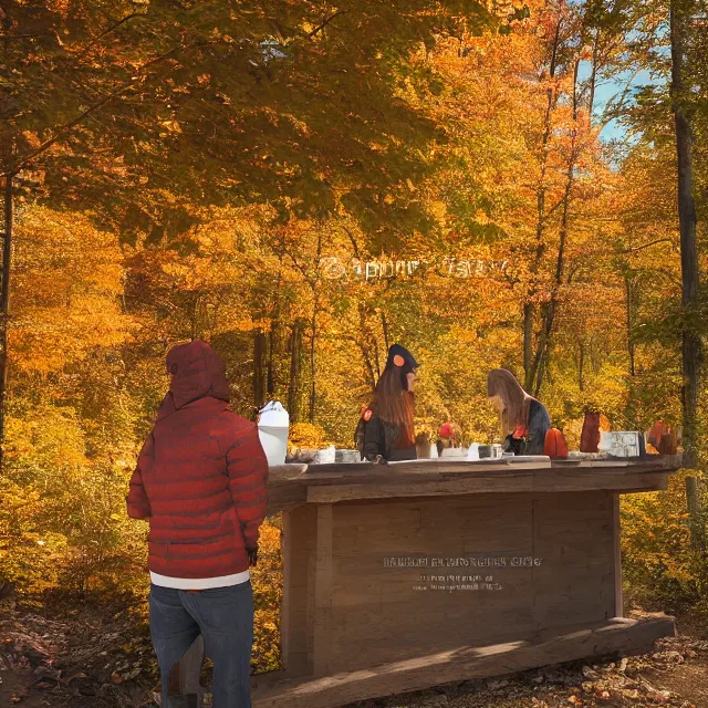 Prompt: pumpkin headed people ordering maple coffee at a maple coffee stand, maple trees with fall foliage, on a mountain in new hampshire, volumetric, realistic, cinematic lighting, ray tracing, unreal engine 5, octane render, hyper realistic, photo, 8 k