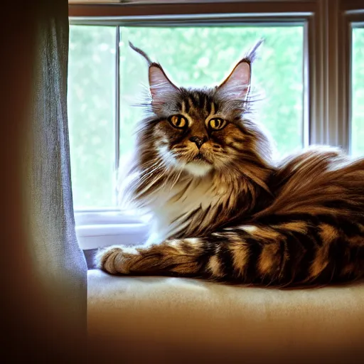 Prompt: portrait cream color maine coon cat curled up, bay window sofa, 8K, 4K, digital art, photoshop, sumi-e, palette knife, oversaturated lens flair, bokeh, sunbeam