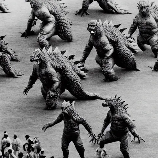 Image similar to army of godzilla on stage