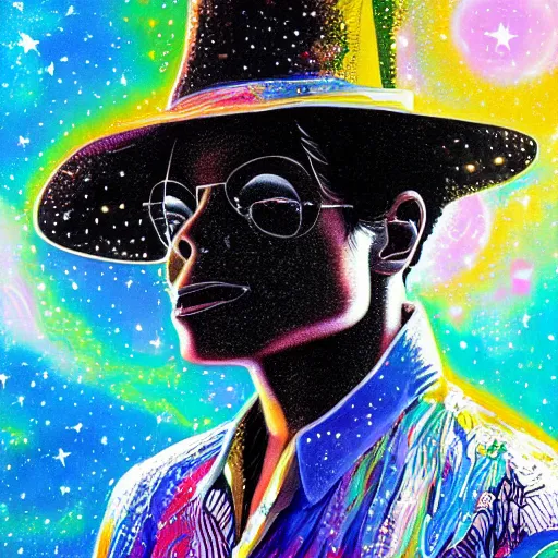 Image similar to digital painting of Michael Jackson in a cosmic scenery my Ralph Steadman, hyper detailed, white suit and hat