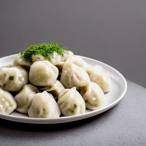 Prompt: pile heap of dozens of hot dumplings with parsley on a plate, studio light, grey warehouse background, cinematic, bokeh, hyperrealistic photo, 8k, feel of depth