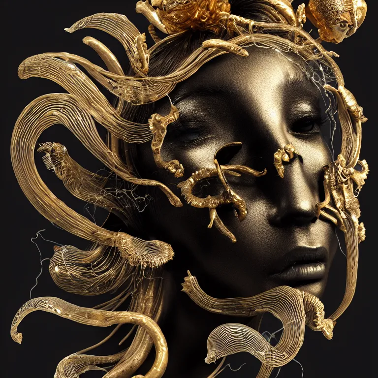 Image similar to black background. goddess princess face close-up portrait ram skull. sculpture made of gold and black charcoal. jellyfish phoenix head, nautilus, orchid, skull, betta fish, bioluminiscent creatures, intricate artwork by Tooth Wu and wlop and beeple. octane render, trending on artstation, greg rutkowski very coherent symmetrical artwork. cinematic, hyper realism, high detail, octane render, 8k