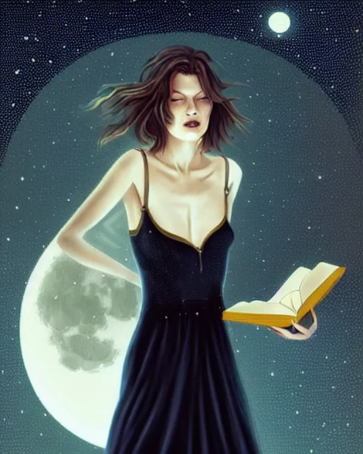 Prompt: milla jovovich in white nightgown reading a book by the river, a full moon on the horizon, dark starry sky, dreamy fantasy ambience with golden orbs and fireflies, detailed gothic illustration bright moon light, by charlie bowater, brom