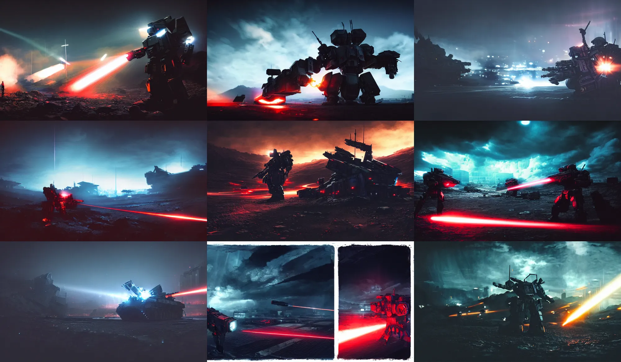 Prompt: armored core v by liam wong, navigation light, booster flares, laser rifle, smoke, karst landscape, outdoor, dark blue sky, clouds, wilderness ground, golden time, twilight ; wide shot, digital painting, photoreal, cinematic contrast, dynamic backlighting, sharp edge, motion blur