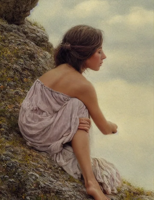 Image similar to peasant barefoot girl with blowing hair sitting on the edge of rock, cottage core, cinematic focus, polaroid photo bleached vintage pastel colors high - key lighting, soft lights, foggy, by steve hanks, by lisa yuskavage, by serov valentin, by tarkovsky, 8 k render, detailed, oil on canvas