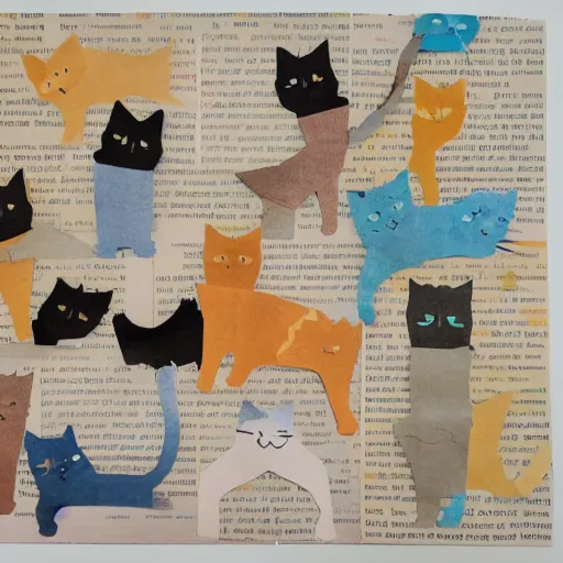 Image similar to Accurate representation of cat collage made out of cut coated and uncoated colored papers on two joined sheets of found newspaper