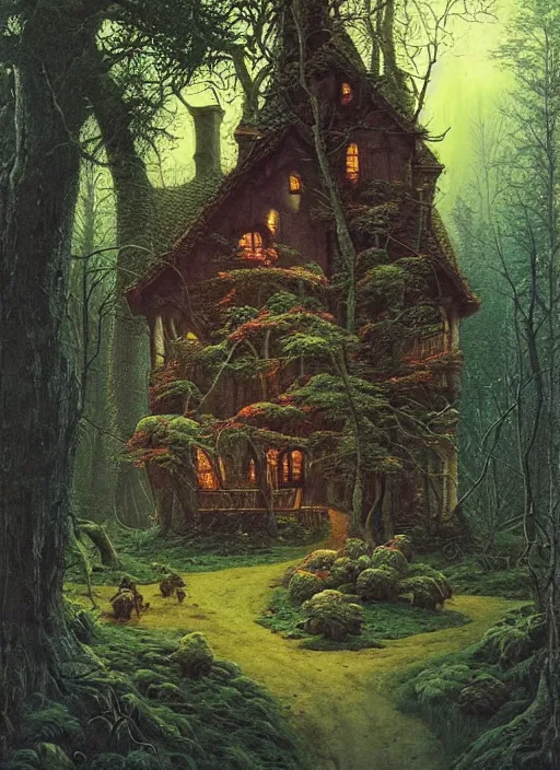 Image similar to hyper realistic witch cottage rococo in the woods gorgeous lighting, highly detailed, lush forest painting by zdzisław beksinski and norman rockwell and greg rutkowskiweta studio, and lucasfilm