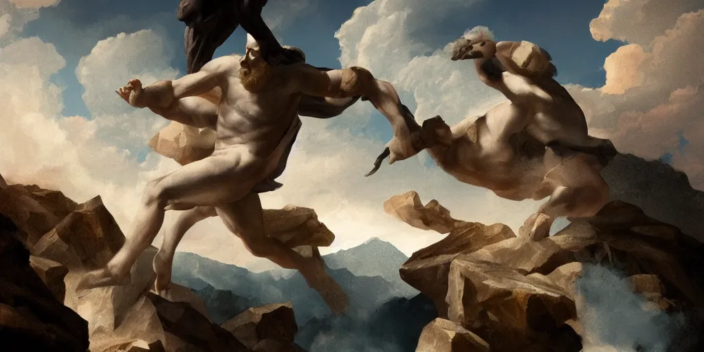 Image similar to a digital painting of Zeus descending from mount Olympus