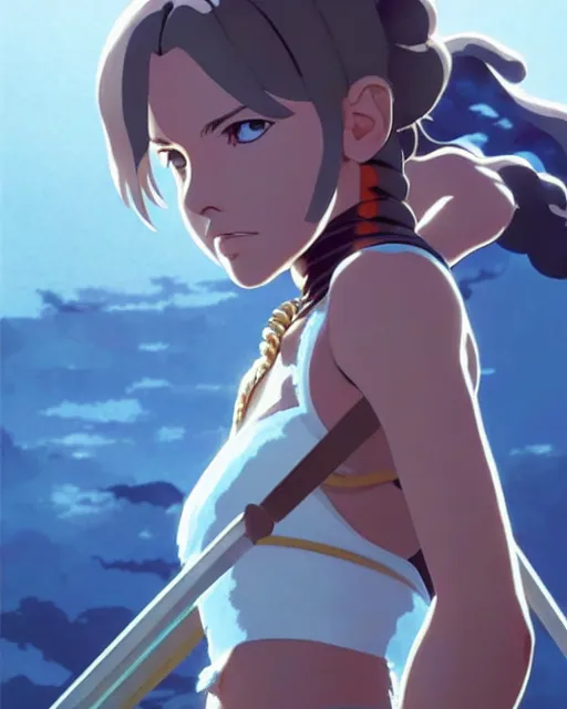 Image similar to young britney spears as an azctec warrior, detailed perfect face, exquisite details, fire magic, mid view, design on a white background, by studio muti, greg rutkowski makoto shinkai takashi takeuchi studio ghibli