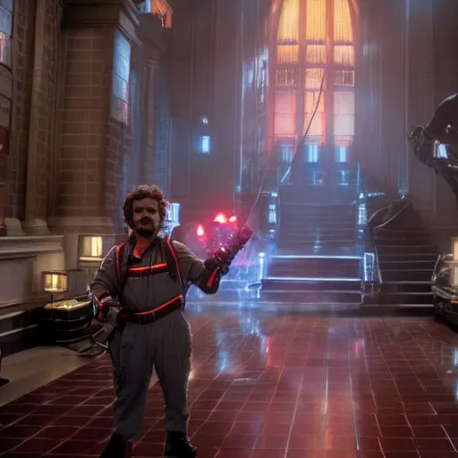 Image similar to stunning awe inspiring peter dinklage as a ghostbuster in the movie ghostbusters, movie still 8 k hdr atmospheric lighting