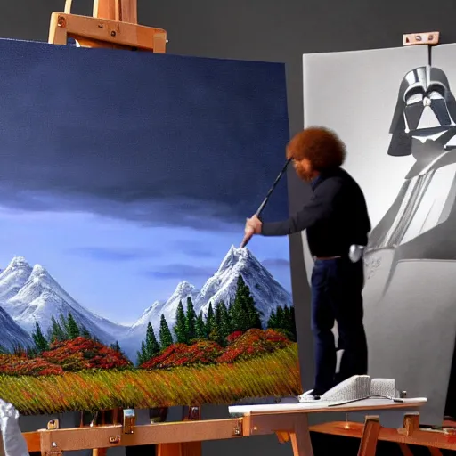 Image similar to a closeup photorealistic photograph of bob ross working on a canvas painting of darth vader. film still. brightly lit scene. mountains and trees. this 4 k hd image is trending on artstation, featured on behance, well - rendered, extra crisp, features intricate detail, epic composition and the style of unreal engine.