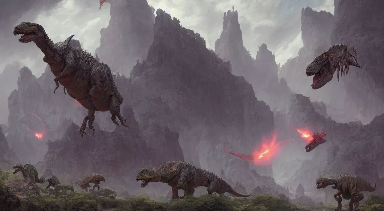 Image similar to technicolor dinosaurs, glowing with magic, surrounded by slate grey walls, matte painting, fantasy art, concept art, greg rutkowski, james gurney, johannes voss, hasui kawase.