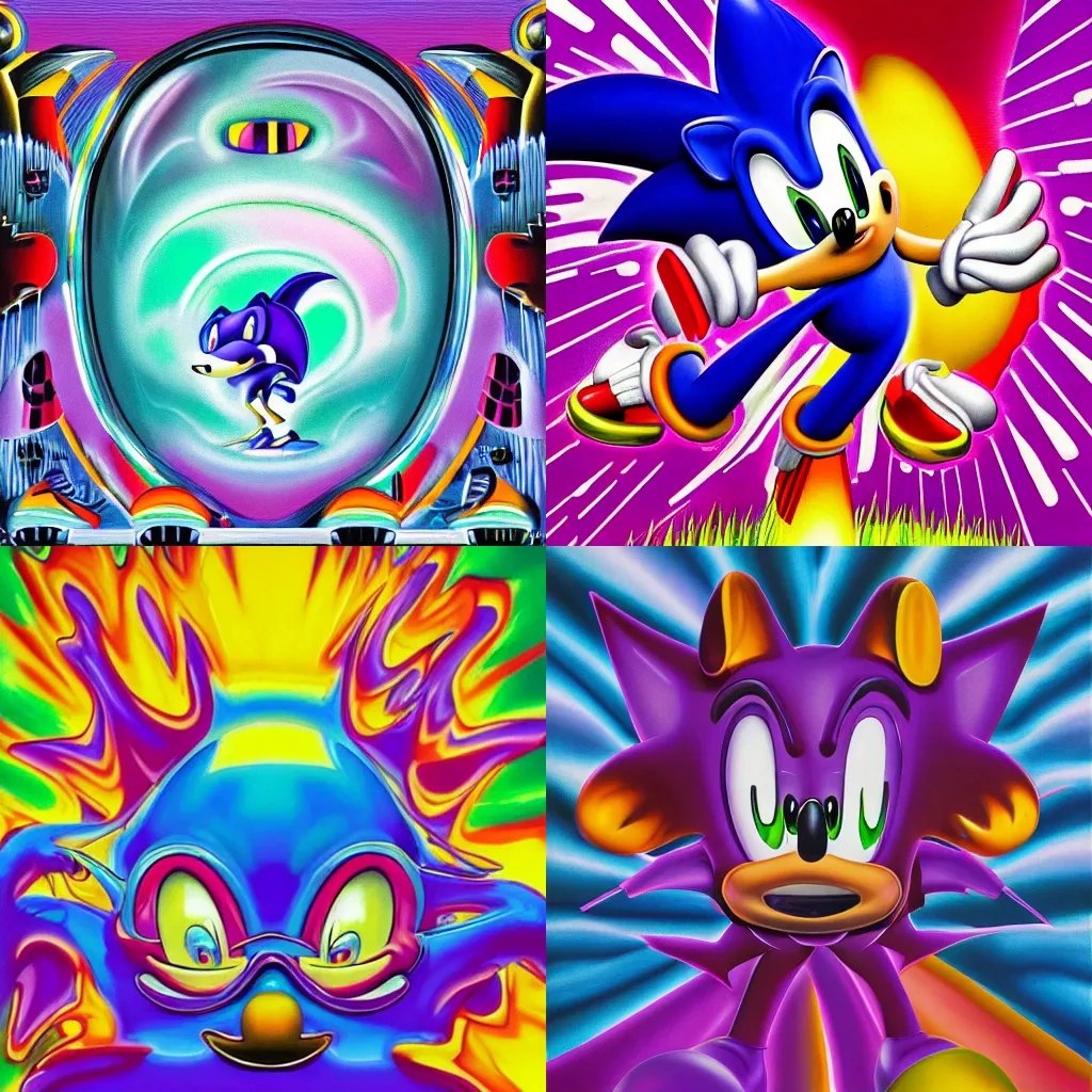 Prompt: portrait of surreal, sharp, detailed professional, high quality airbrush art MGMT album cover of a liquid dissolving LSD DMT sonic the hedgehog, purple checkerboard background, 1990s 1992 Sega Genesis video game album cover