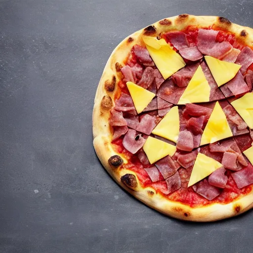 Prompt: medieval castle in shape of the pizza with ham pineapple and chesse professional commercial photo shot 4 k