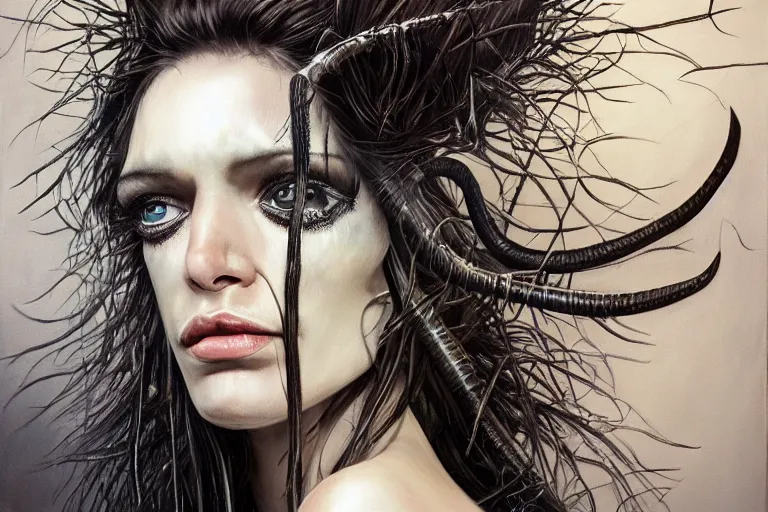 Image similar to A photorealistic portrait painting of a hideous woman with giant spider legs and hair needles crawling out of a volcano, illustration, detailed, award-winning, trending on artstation, 4k by H.R. Giger -1024