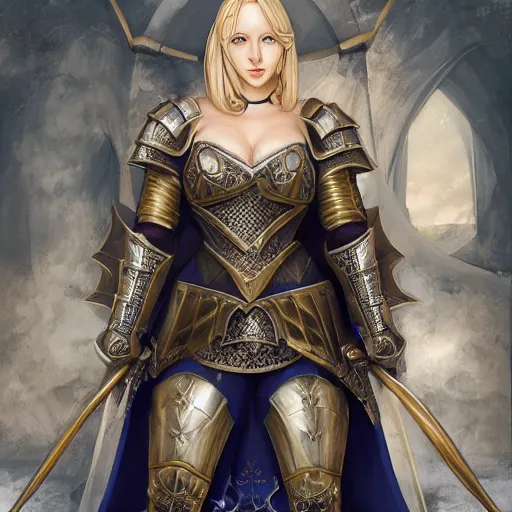 Image similar to fantasy RPG symmetrical portrait, centered shoulders up view, kagney linn karter as a young blonde woman, blonde hair, blue eyes, not wearing level 1 plate armour, pale skin, 4k, by wlop, artgerm, andrei riabovitchev, nuri iyem, james gurney, james jean, greg rutkowski, highly detailed, soft lighting 8k resolution