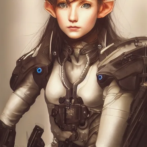 Image similar to portrait of an elf girl by ayami kojima, she is about 2 0 years old, mixture between british and japanese and she is wearing a modern tactical gear, scifi, highly detailed portrait, digital painting, artstation, concept art, smooth, sharp foccus ilustration, artstation hq