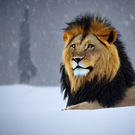 Prompt: a lion in the snow, blizzard,