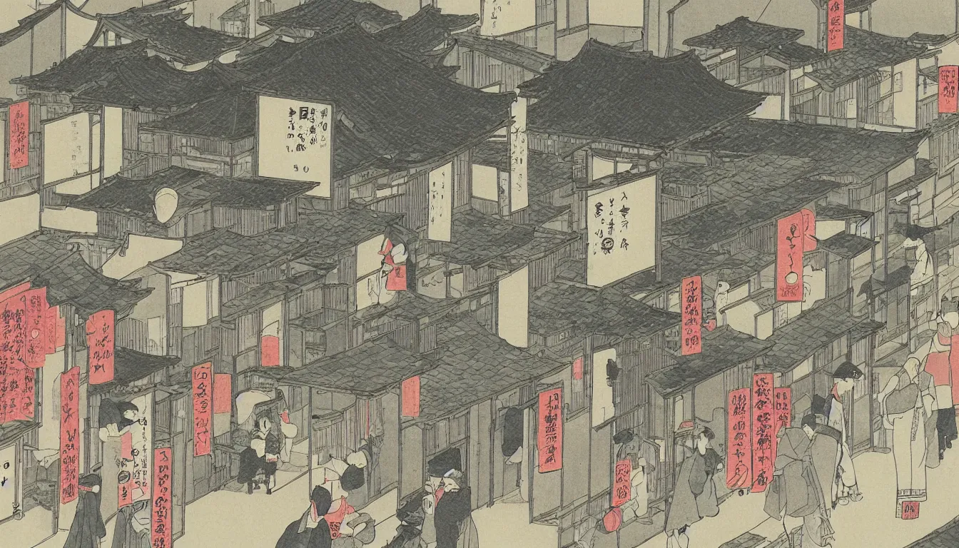 Prompt: ido period street, japanese illustration